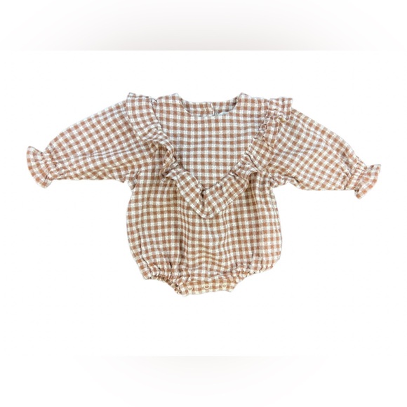 RYLEE + CRU Baby Girl Brown Gingham Long Sleeve Winnie Romper - 0-3M - Picture 3 of 5